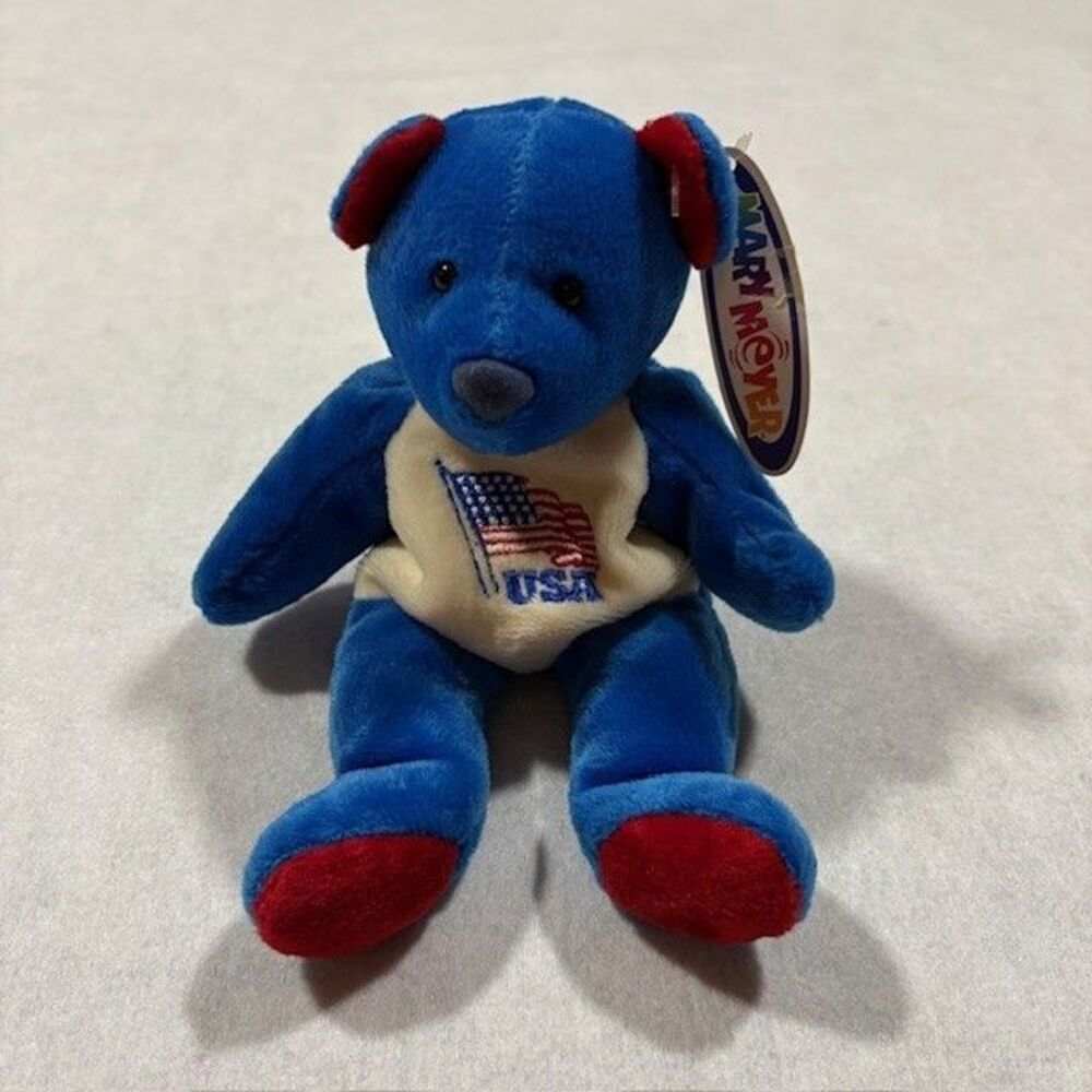 Mary Meyer 1999 USA Teddy Bear Plush 9” Blue Red Patriotic American Flag Stuffed